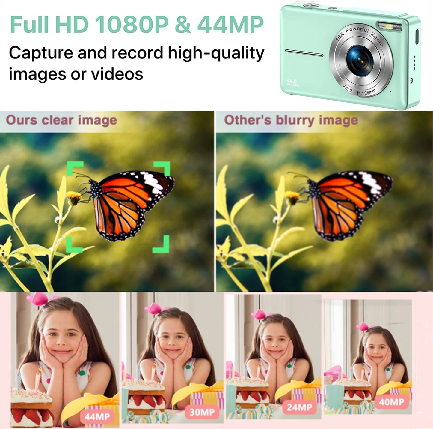 1080P Compact Digital Camera with 16X Zoom and 32GB Card - Ideal Starter Camera for Teens, Students, and Seniors (Green)